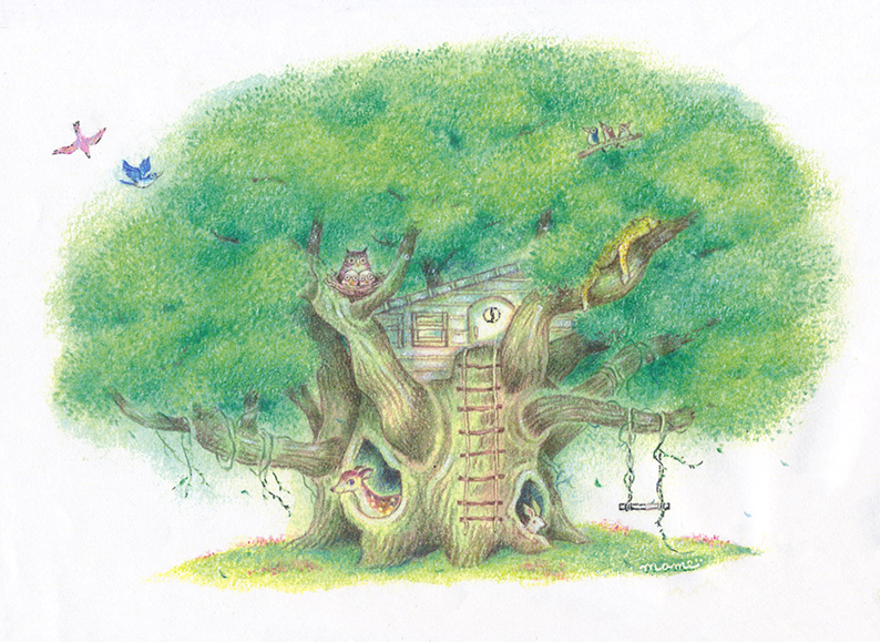 樹,緑,小鳥,フクロウ,ヒョウ,子鹿,ウサギ,ツリーハウス