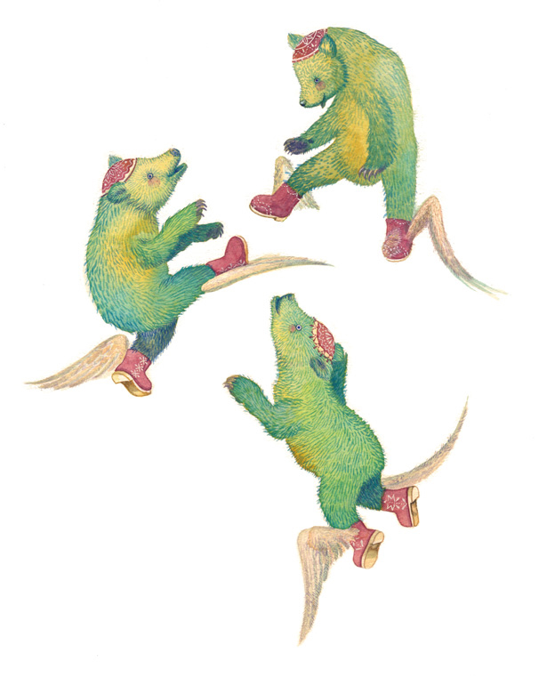 ３頭のクマ,翼のついた赤いブーツ,空中浮遊,緑