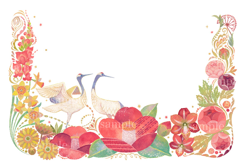 赤い花に囲まれた二羽の鶴,１月,新春,Red-drowned Crane