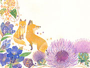 紫の花に囲まれた二頭のキツネ,10月,秋,Fox
