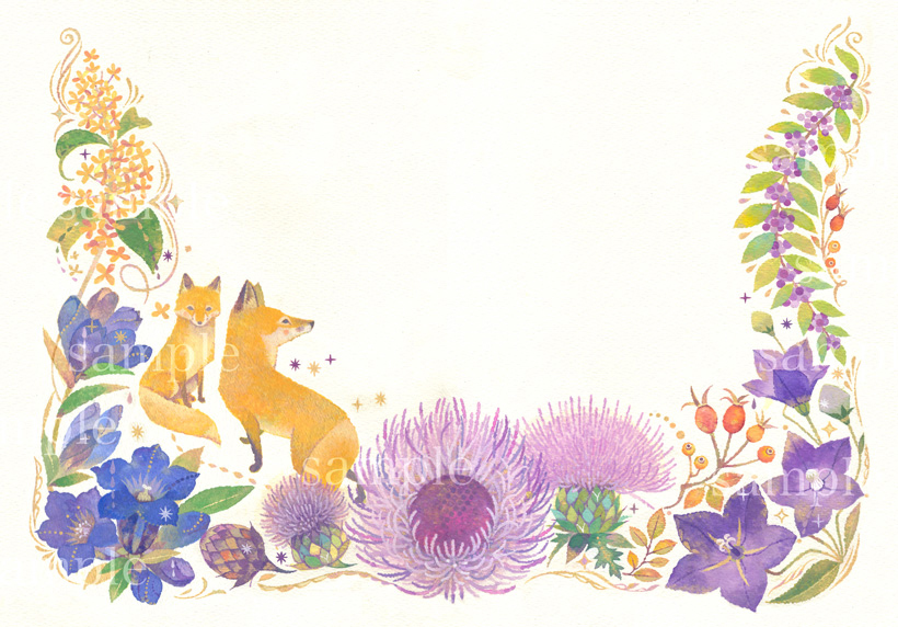 紫の花に囲まれた二頭のキツネ,10月,秋,Fox