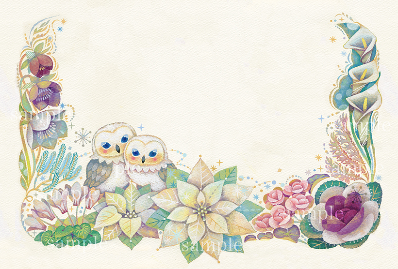 白い花に囲まれた二羽のフクロウ,12月,冬,Owl