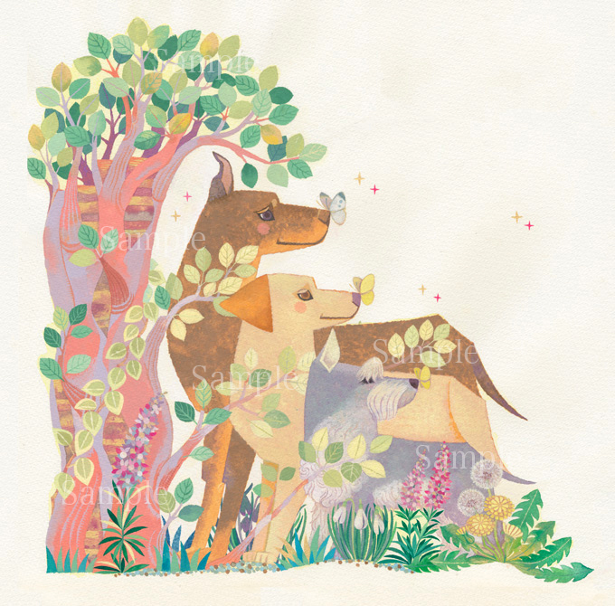 泰山木の樹の下で待つグレートデーン、ラブラドールレトリーバー、ミニチュアシュナウザー,Great Dane,Labrador Retrievar,Miniature Schnauzer