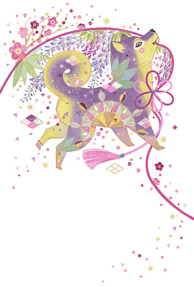 犬,戌年,１月,新年,フジ,ウメ,竹笹,飾り紐,lucky dog