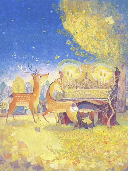 晩秋,ピアノ,燭台,鹿,銀杏,切り株,音符,黄色