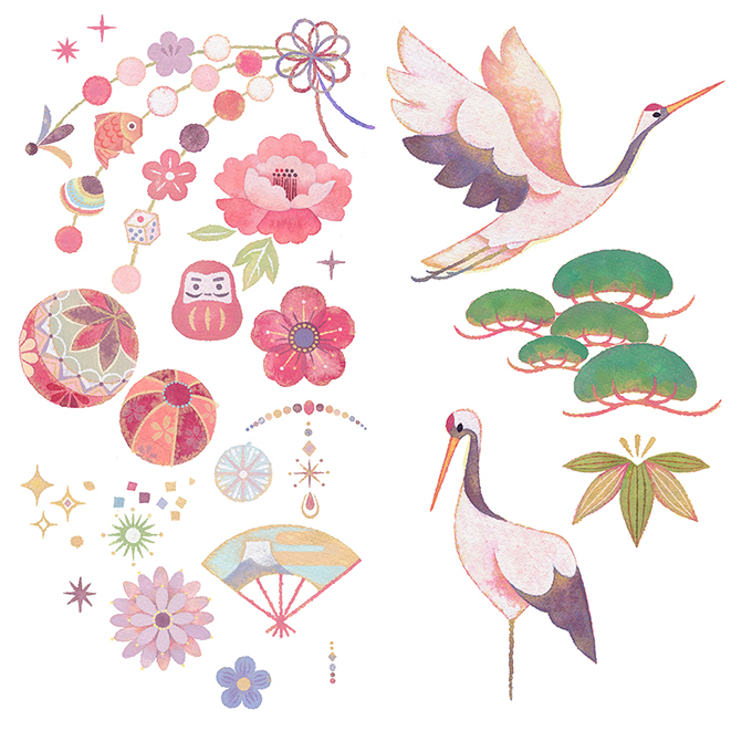 タンチョウヅル,牡丹,竹,松,梅,扇子,餅花,鞠,光のモチーフ,ダルマ