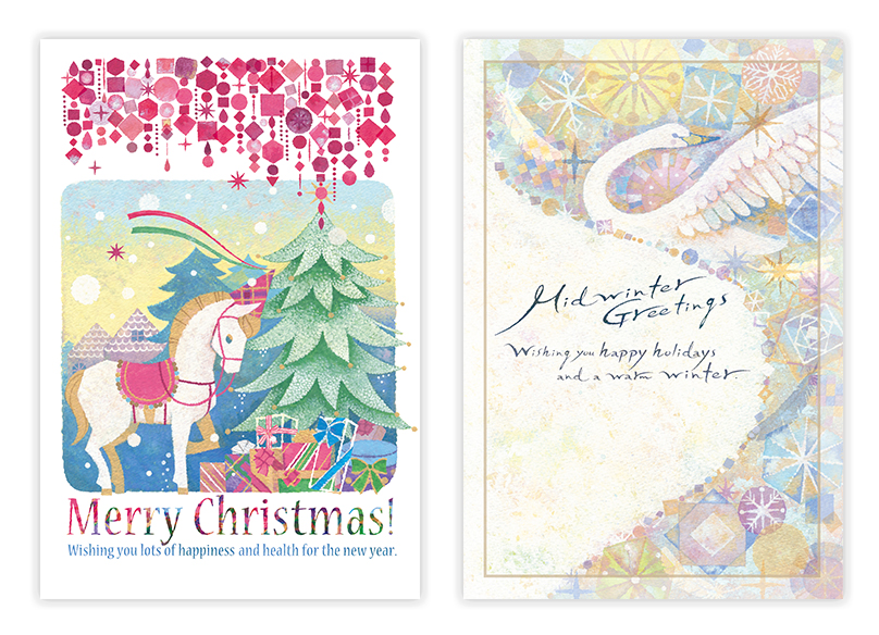 技術評論社刊「おしゃれ×かわいい年賀状2015」掲載,クリスマス,冬,雪,白い馬,モミの木,プレゼント,赤,白鳥,白