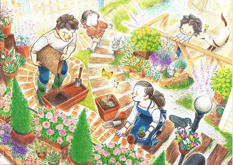 DIY,ガーデニング,庭造り,枕木,レンガ,植物,寄せ植え,鉢,ウッドデッキ,エクステリア,家族