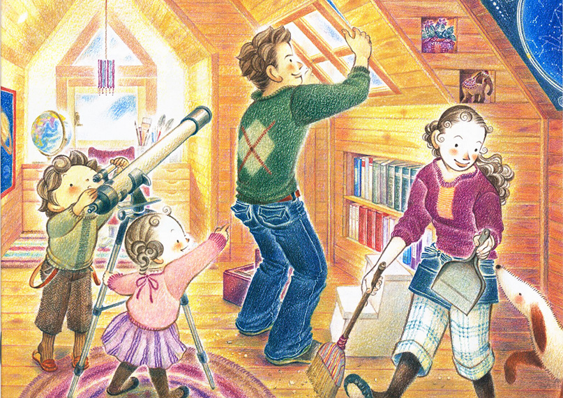 DIY,室内,本棚,屋根裏部屋,天体望遠鏡,窓,家族,色鉛筆画