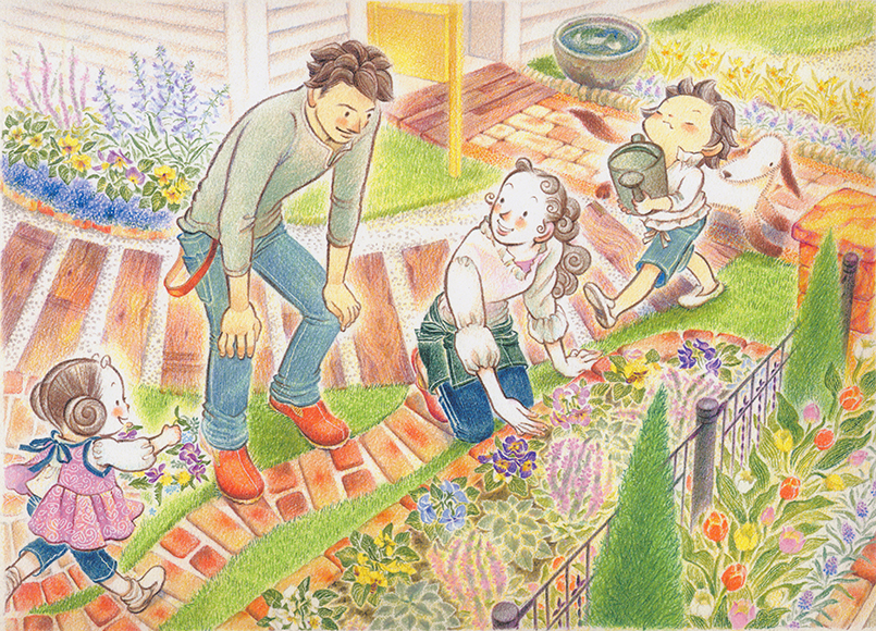 DIY,室内,本棚,屋根裏部屋,天体望遠鏡,窓,家族,色鉛筆画