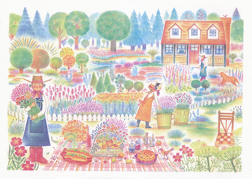 色鉛筆画,ハーブガーデン,カントリーハウス,森,ピクニック