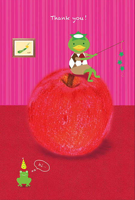 松本眞弓,プライベート作品,ポストカードデザイン,コンペ,カッパ,リンゴ,カエル,Thank you