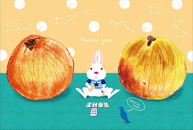 ポストカード／大きな静物と小さな動物「うさぎの恋占い」 松本眞弓,プライベート作品,ポストカードデザイン,コンペ,ウサギ,タマネギ,トランプ,青い鳥,星座,Thank you