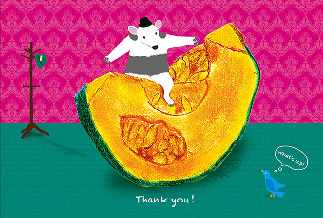 松本眞弓,プライベート作品,ポストカードデザイン,コンペ,アリクイ,カボチャ,帽子,青い鳥,Thank you