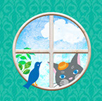 窓,ネコ,青い鳥